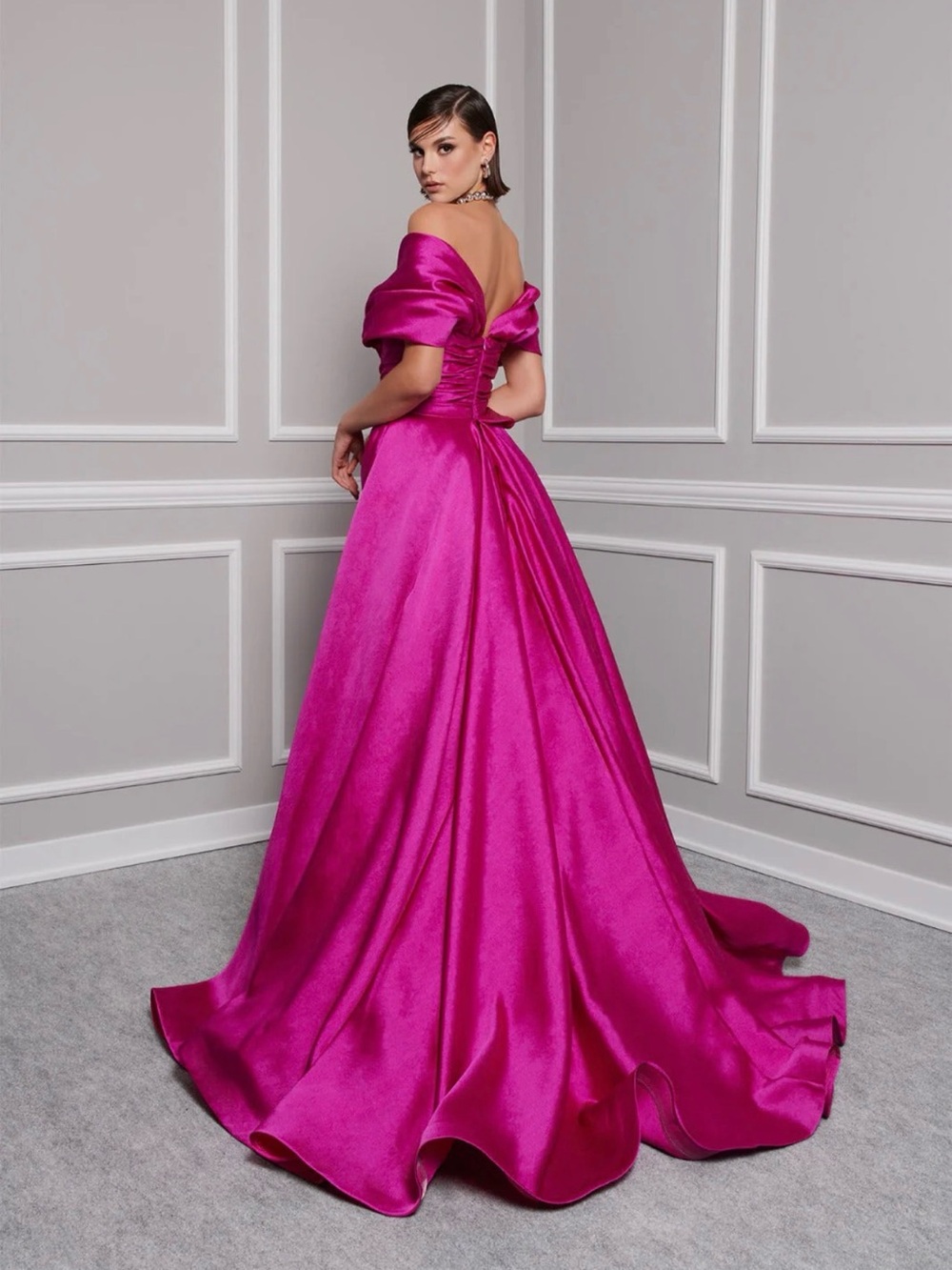 Off-Shoulder Backless Satin Gown in Fuchsia